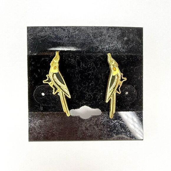 Vintage Gold Cockatiel Earrings – Enamel Bird Studs – 1” Long on Card - Picture 2 of 4